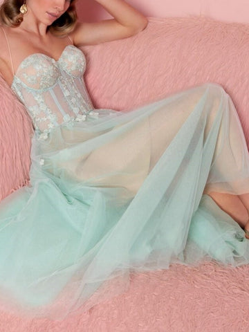 A-Line/Princess Cocktail Dress Strapless Sleeveless Tea-Length Floral Dress with Applique