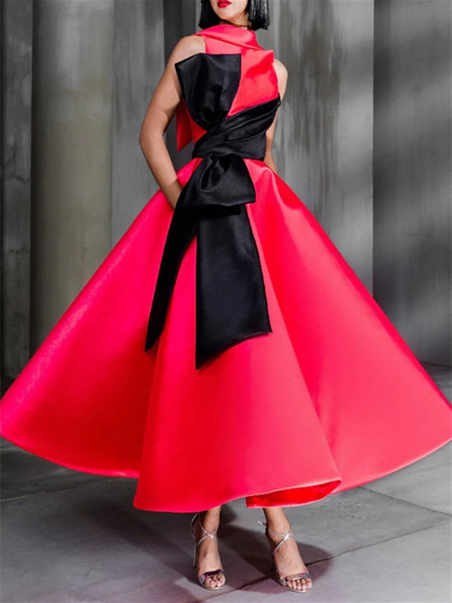 Ball Gown High Neck Cocktail Dresses Ankle-Length Color Block Elegant Formal Gown with Bowknot