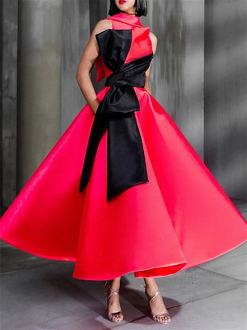 Ball Gown High Neck Cocktail Dresses Ankle-Length Color Block Elegant Formal Gown with Bowknot