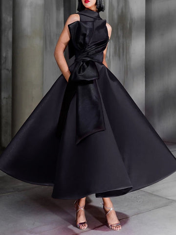 Ball Gown High Neck Cocktail Dresses Ankle-Length Color Block Elegant Formal Gown with Bowknot