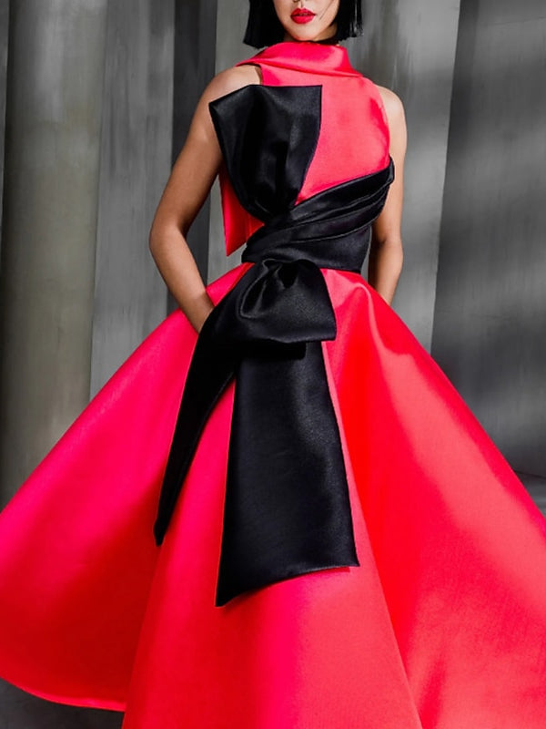 Ball Gown High Neck Cocktail Dresses Ankle-Length Color Block Elegant Formal Gown with Bowknot