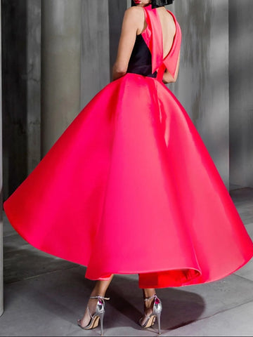 Ball Gown High Neck Cocktail Dresses Ankle-Length Color Block Elegant Formal Gown with Bowknot