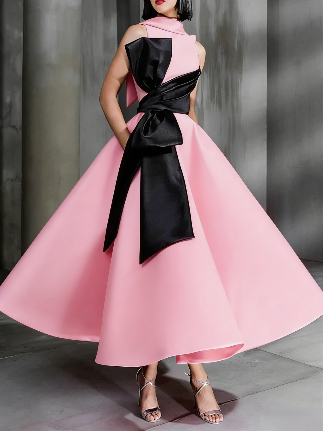 Ball Gown High Neck Cocktail Dresses Ankle-Length Color Block Elegant Formal Gown with Bowknot