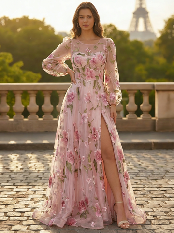 A-Line/Princess Sweep/Brush Train Long Sleeves Evening Dresses with Floral Print