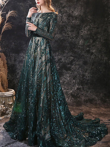 A-Line/Princess Scoop Neck Long Sleeves Court Train Prom Dresses With Lace