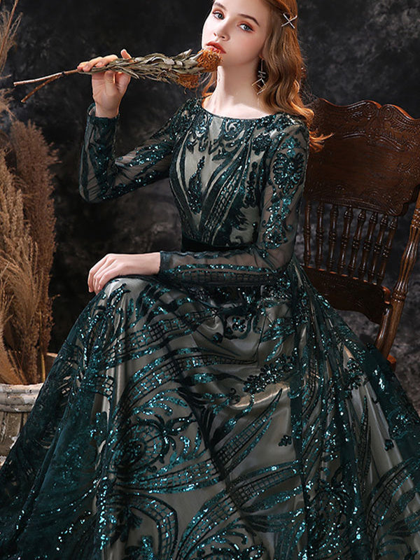 A-Line/Princess Scoop Neck Long Sleeves Court Train Prom Dresses With Lace