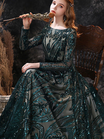 A-Line/Princess Scoop Neck Long Sleeves Court Train Prom Dresses With Lace
