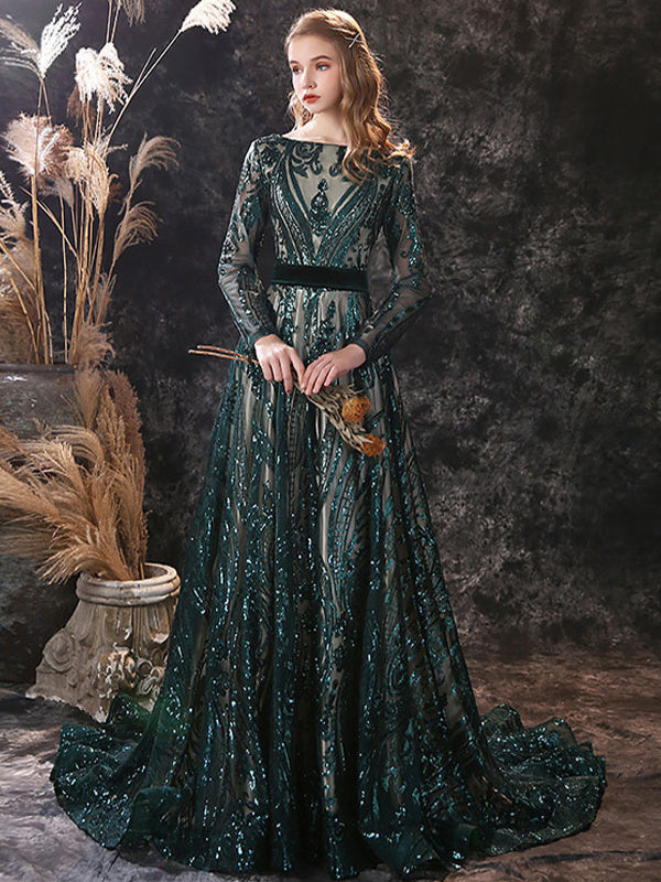 A-Line/Princess Scoop Neck Long Sleeves Court Train Prom Dresses With Lace
