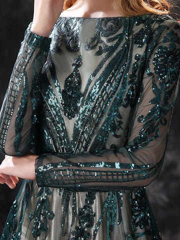 A-Line/Princess Scoop Neck Long Sleeves Court Train Prom Dresses With Lace