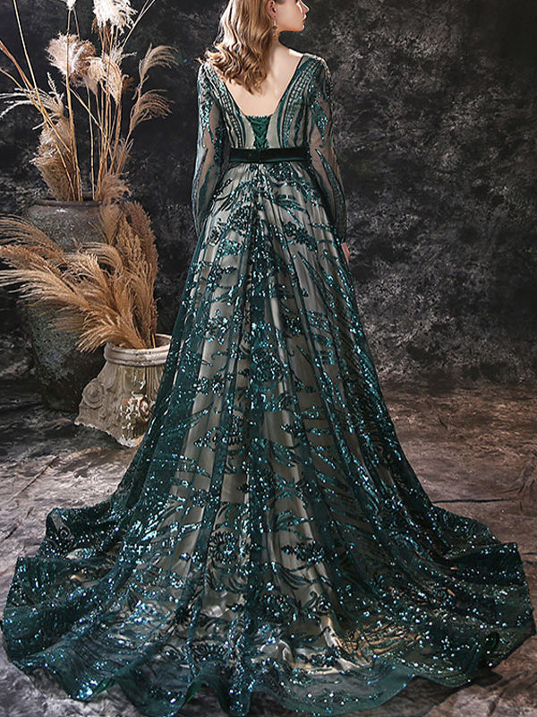 A-Line/Princess Scoop Neck Long Sleeves Court Train Prom Dresses With Lace