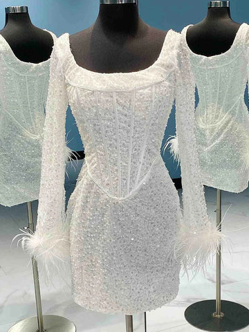 Sheath/Column Scoop Long Sleeves Short/Mini Party Dance Homecoming Dress With Feathers