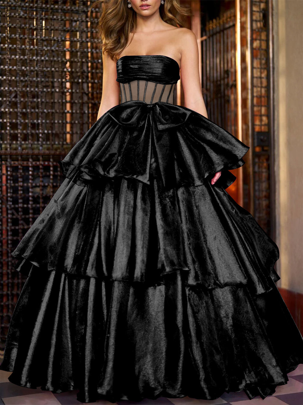 Evening Dresses  Strapless Floor-Length Ball Gown with Ruffles