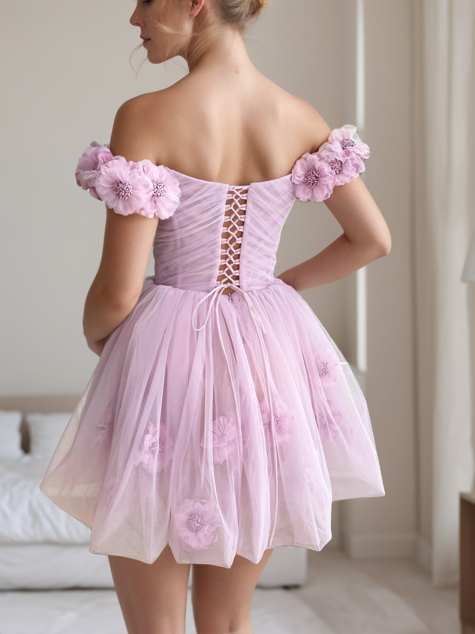 A-Line/Princess Sweetheart Off-the-shoulder Straps Sleeves Short/Mini Party Dance Homecoming Dress With Handmade Flowers & Pleats