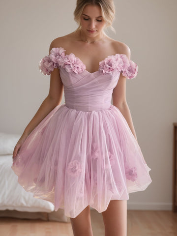 A-Line/Princess Sweetheart Off-the-shoulder Straps Sleeves Short/Mini Party Dance Homecoming Dress With Handmade Flowers & Pleats