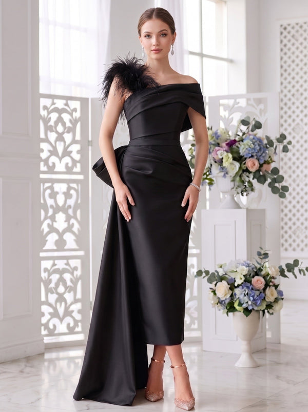 Sheath/Column One Shoulder Sleeveless Sweep/Brush Train Evening Gown Elegant Dress Formal Satin with Feather Bow(s)