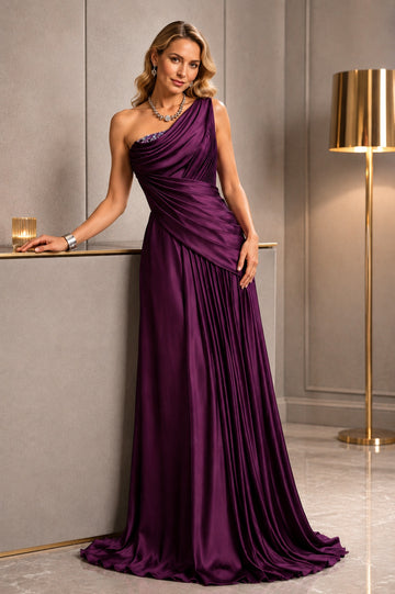 A-Line Evening Dresses One-Shoulder Sleeveless Floor-Length with Pleats Crystals Draping
