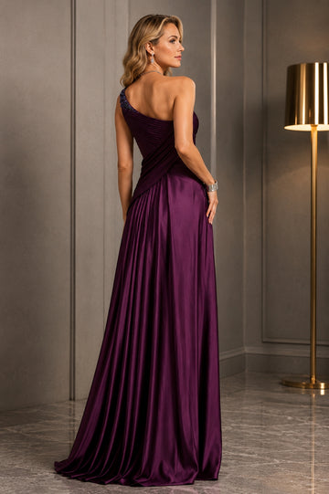 A-Line Evening Dresses One-Shoulder Sleeveless Floor-Length with Pleats Crystals Draping