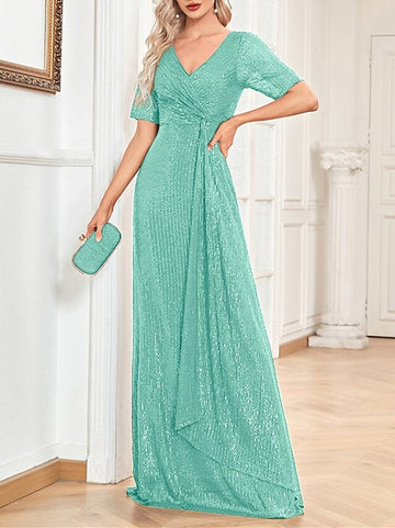 A-Line/Princess V-Neck Short Sleeves Floor-Length Party Cocktail Dress with Sequin