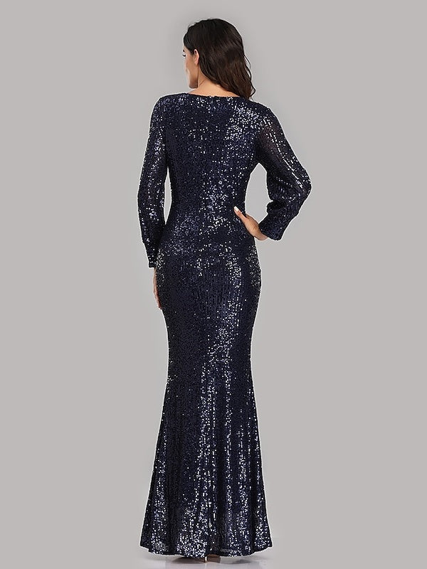 Mermaid/Trumpet Party Evening Dress V-Neck Long Sleeves Floor-Length with Sequins