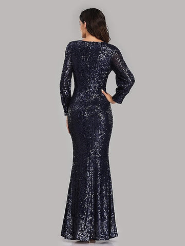 Mermaid/Trumpet Party Evening Dress V-Neck Long Sleeves Floor-Length with Sequins