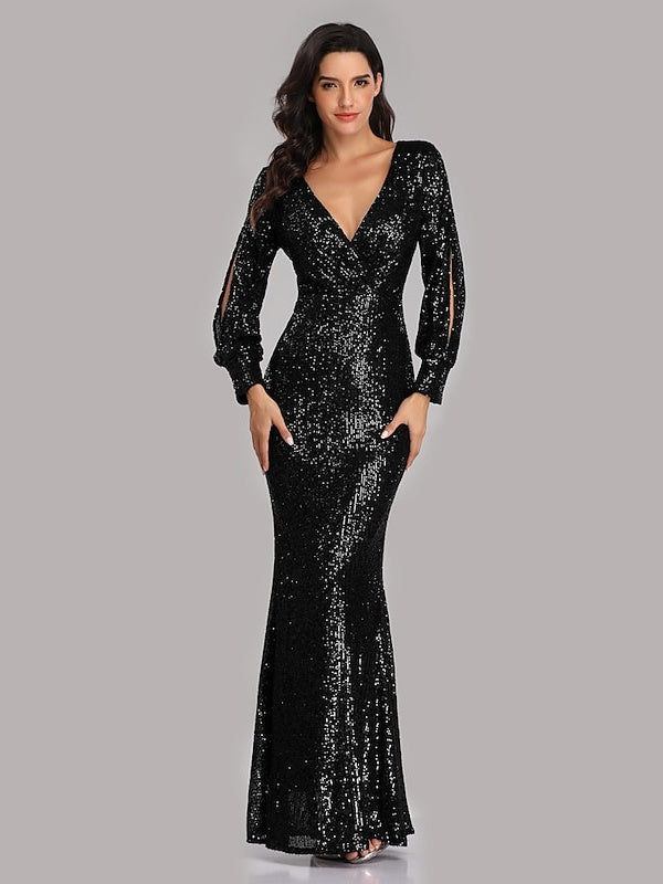 Mermaid/Trumpet Party Evening Dress V-Neck Long Sleeves Floor-Length with Sequins