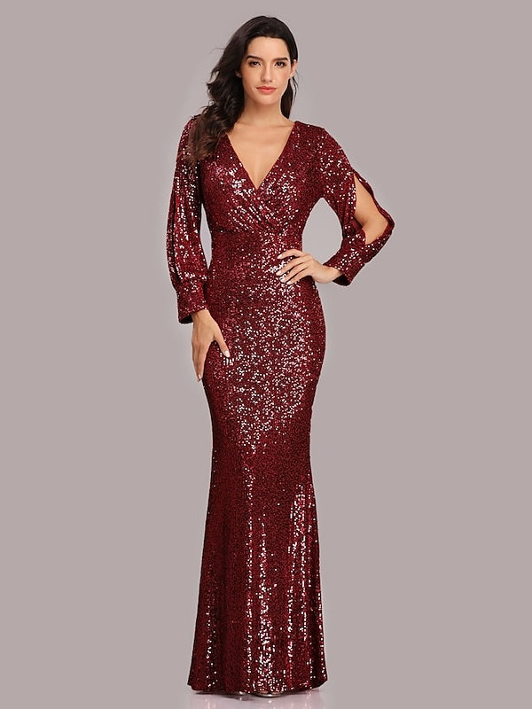 Mermaid/Trumpet Party Evening Dress V-Neck Long Sleeves Floor-Length with Sequins