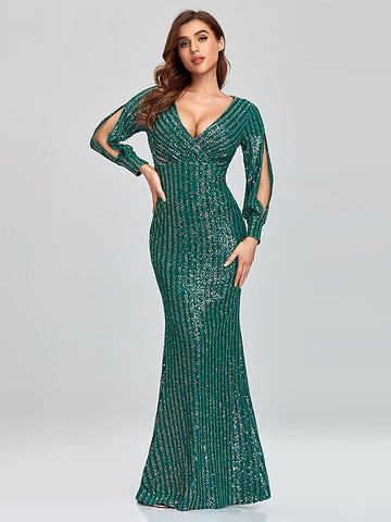 Mermaid/Trumpet Party Evening Dress V-Neck Long Sleeves Floor-Length with Sequins