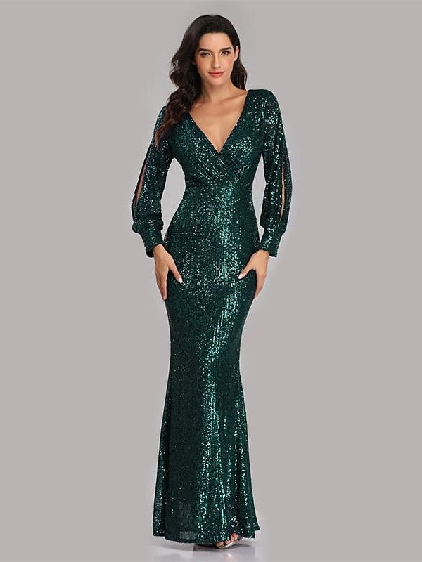 Mermaid/Trumpet Party Evening Dress V-Neck Long Sleeves Floor-Length with Sequins