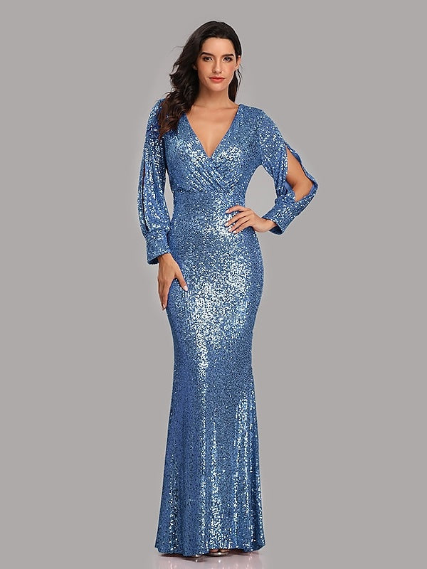 Mermaid/Trumpet Party Evening Dress V-Neck Long Sleeves Floor-Length with Sequins