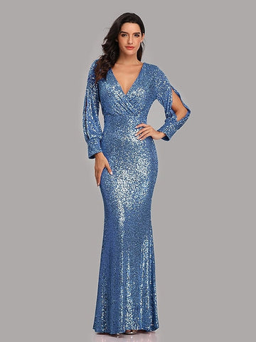 Mermaid/Trumpet Party Evening Dress V-Neck Long Sleeves Floor-Length with Sequins