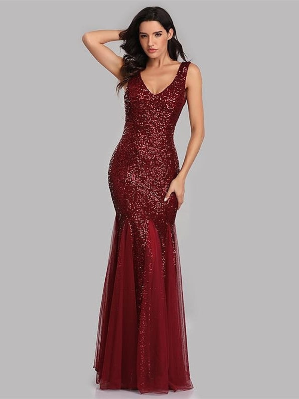 Mermaid/Trumpet Party Evening Dress V-Neck Sleeveless Floor-Length Pleated with Sequins