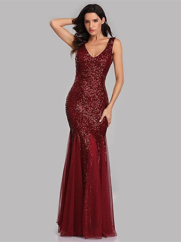 Mermaid/Trumpet Party Evening Dress V-Neck Sleeveless Floor-Length Pleated with Sequins