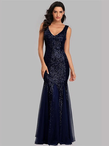 Mermaid/Trumpet Party Evening Dress V-Neck Sleeveless Floor-Length Pleated with Sequins