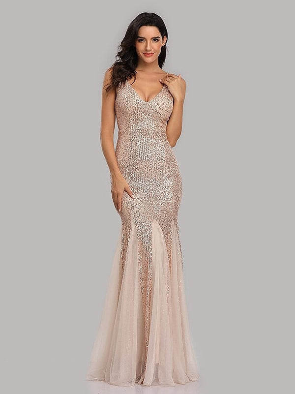 Mermaid/Trumpet Party Evening Dress V-Neck Sleeveless Floor-Length Pleated with Sequins