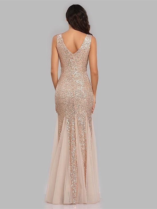 Mermaid/Trumpet Party Evening Dress V-Neck Sleeveless Floor-Length Pleated with Sequins