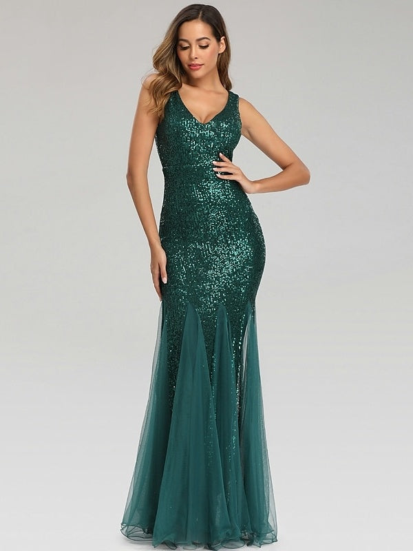 Mermaid/Trumpet Party Evening Dress V-Neck Sleeveless Floor-Length Pleated with Sequins