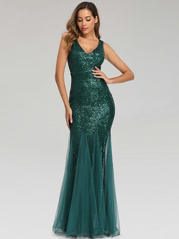 Mermaid/Trumpet Party Evening Dress V-Neck Sleeveless Floor-Length Pleated with Sequins