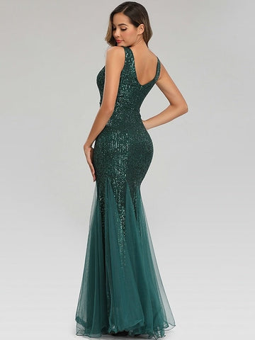 Mermaid/Trumpet Party Evening Dress V-Neck Sleeveless Floor-Length Pleated with Sequins