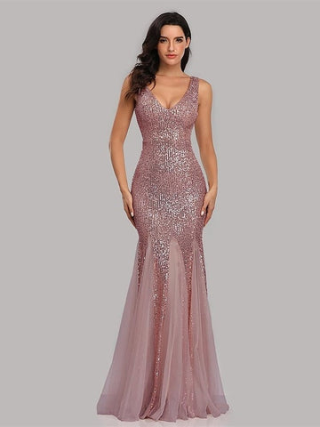 Mermaid/Trumpet Party Evening Dress V-Neck Sleeveless Floor-Length Pleated with Sequins