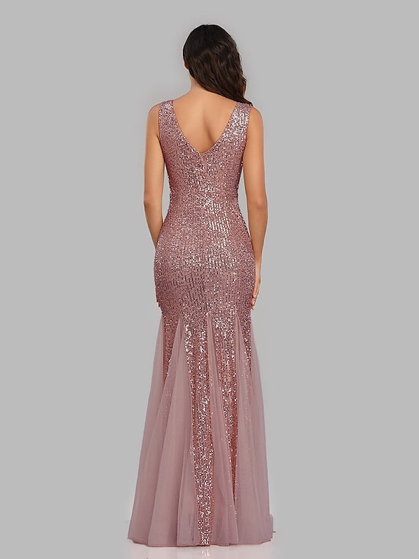 Mermaid/Trumpet Party Evening Dress V-Neck Sleeveless Floor-Length Pleated with Sequins