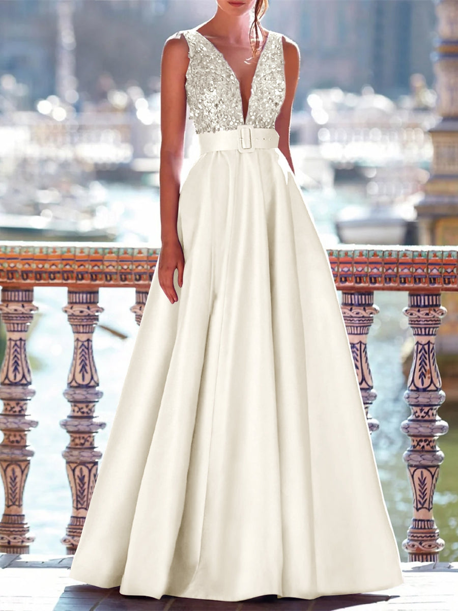 A-Line Evening Dresses Floor Length Formal Gown with Belt Sleeveless V Neck Pocket Satin with Sequins