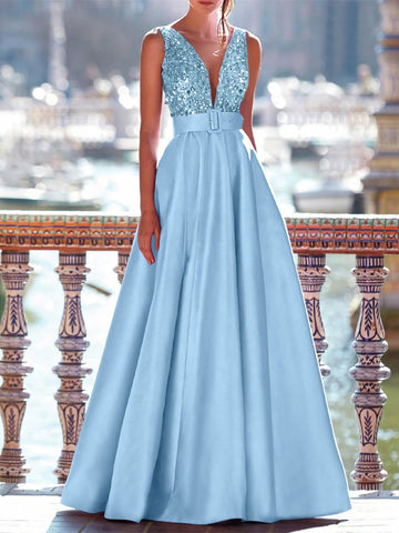 A-Line Evening Dresses Floor Length Formal Gown with Belt Sleeveless V Neck Pocket Satin with Sequins