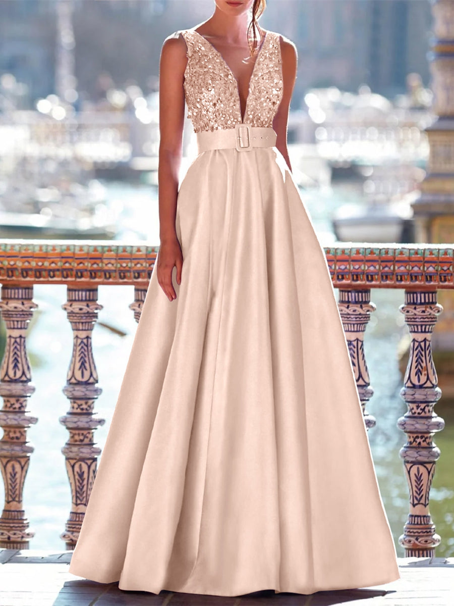 A-Line Evening Dresses Floor Length Formal Gown with Belt Sleeveless V Neck Pocket Satin with Sequins