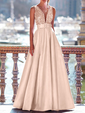 A-Line Evening Dresses Floor Length Formal Gown with Belt Sleeveless V Neck Pocket Satin with Sequins