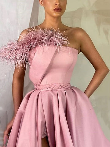 A-Line Evening Dress Gala Floor Length Sleeveless One Shoulder Satin with Feather Slit
