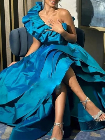 A-Line Floor Length Asymmetrical Sleeveless One Shoulder Evening Dress Satin with Ruffles Slit