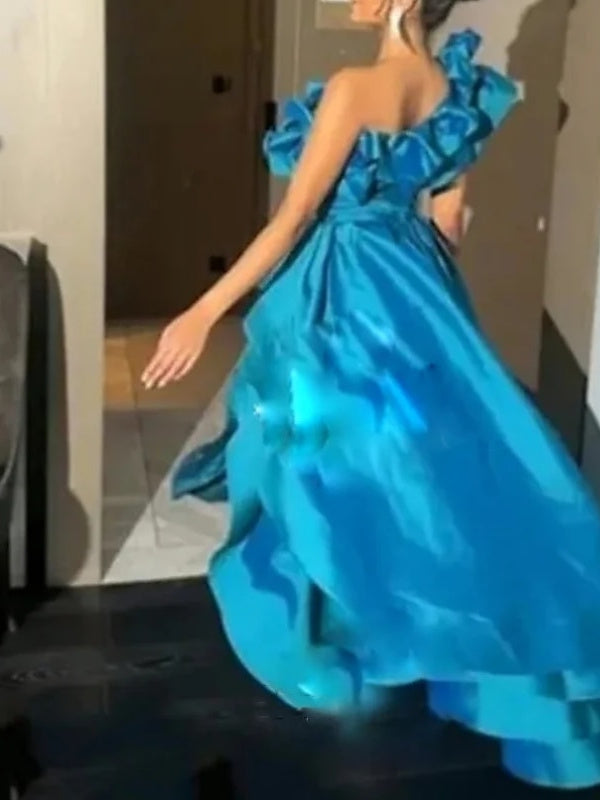 A-Line Floor Length Asymmetrical Sleeveless One Shoulder Evening Dress Satin with Ruffles Slit