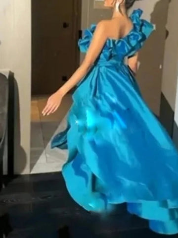 A-Line Floor Length Asymmetrical Sleeveless One Shoulder Evening Dress Satin with Ruffles Slit