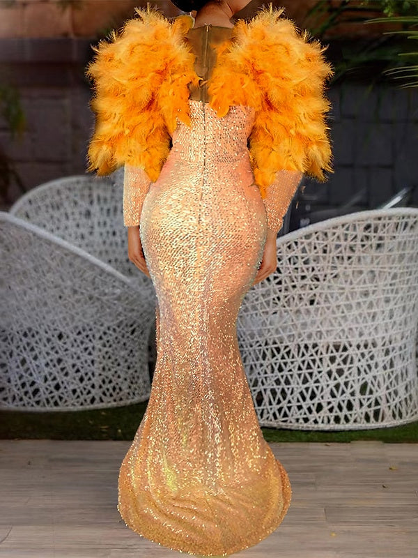 Mermaid/Trumpet Feather Evening Dress Floor Length Long Sleeve V Neck Formal Dress Sparkle & Shine Dress Sequined
