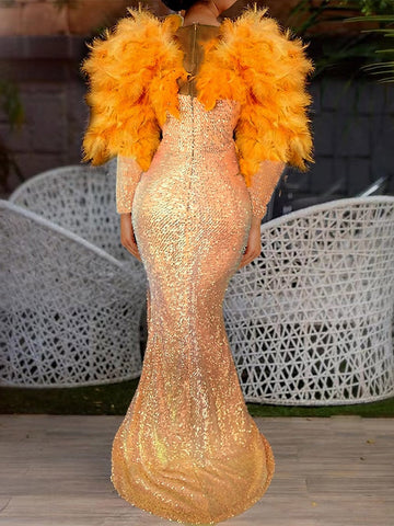 Mermaid/Trumpet Feather Evening Dress Floor Length Long Sleeve V Neck Formal Dress Sparkle & Shine Dress Sequined